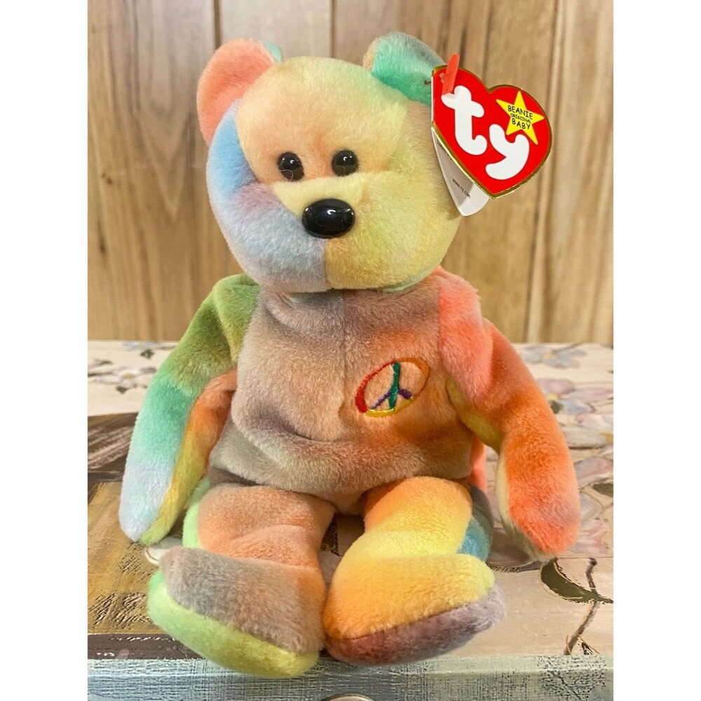 Ty Beanie Babies Peace Bear Rainbow Tie-Dye Plush Embroidered Peace Symbol VTG